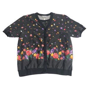Vintage Blair Cardigan Top Womens L Black Floral Attached Shirt Cottagecore 90s